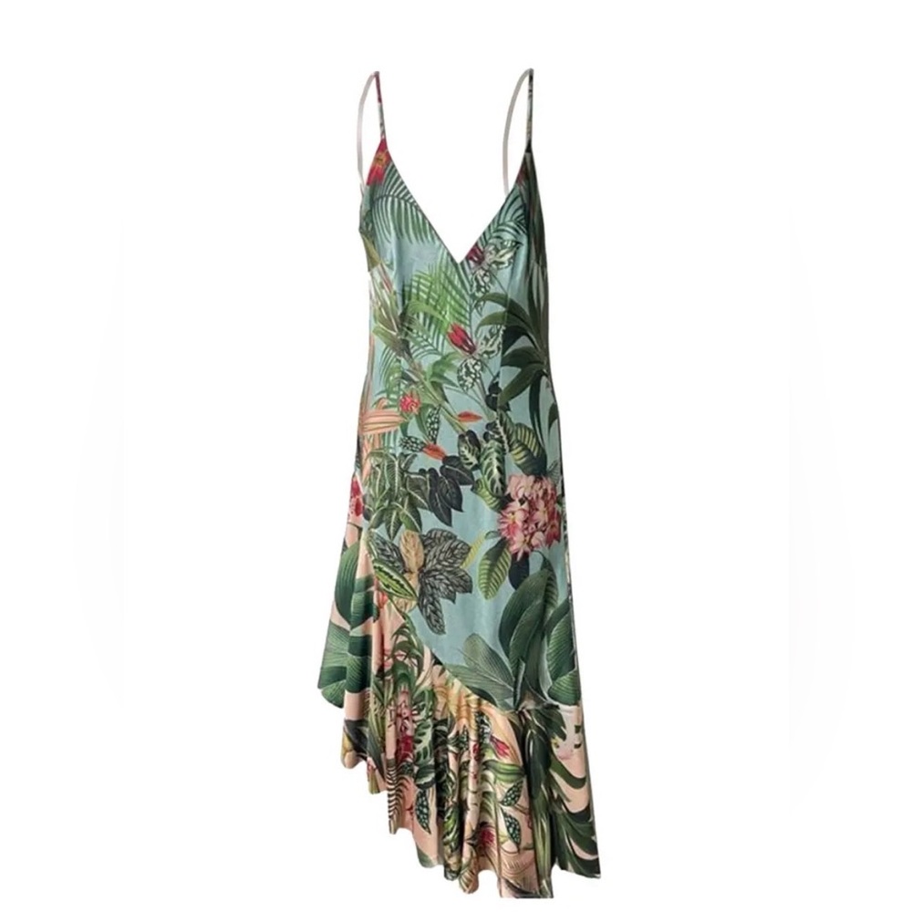 PatBO Tropical Print High-Low Slip Dress - Green Multi